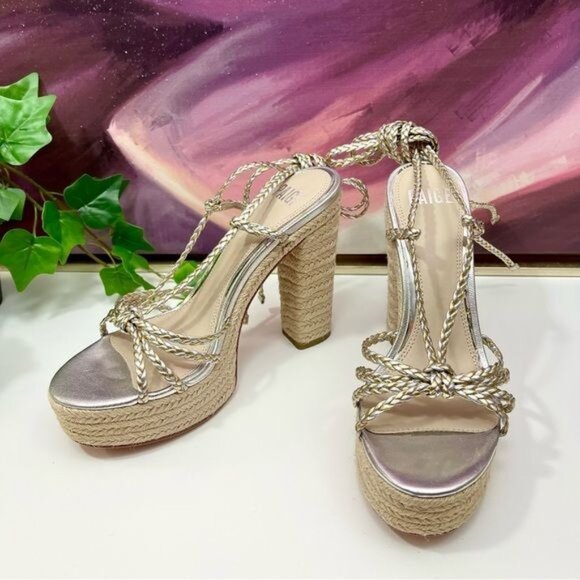 Paige Carson Braided Metallic Ankle WrapPlatform Block Heel Sandal Platinum 8.5 - Picture 6 of 13